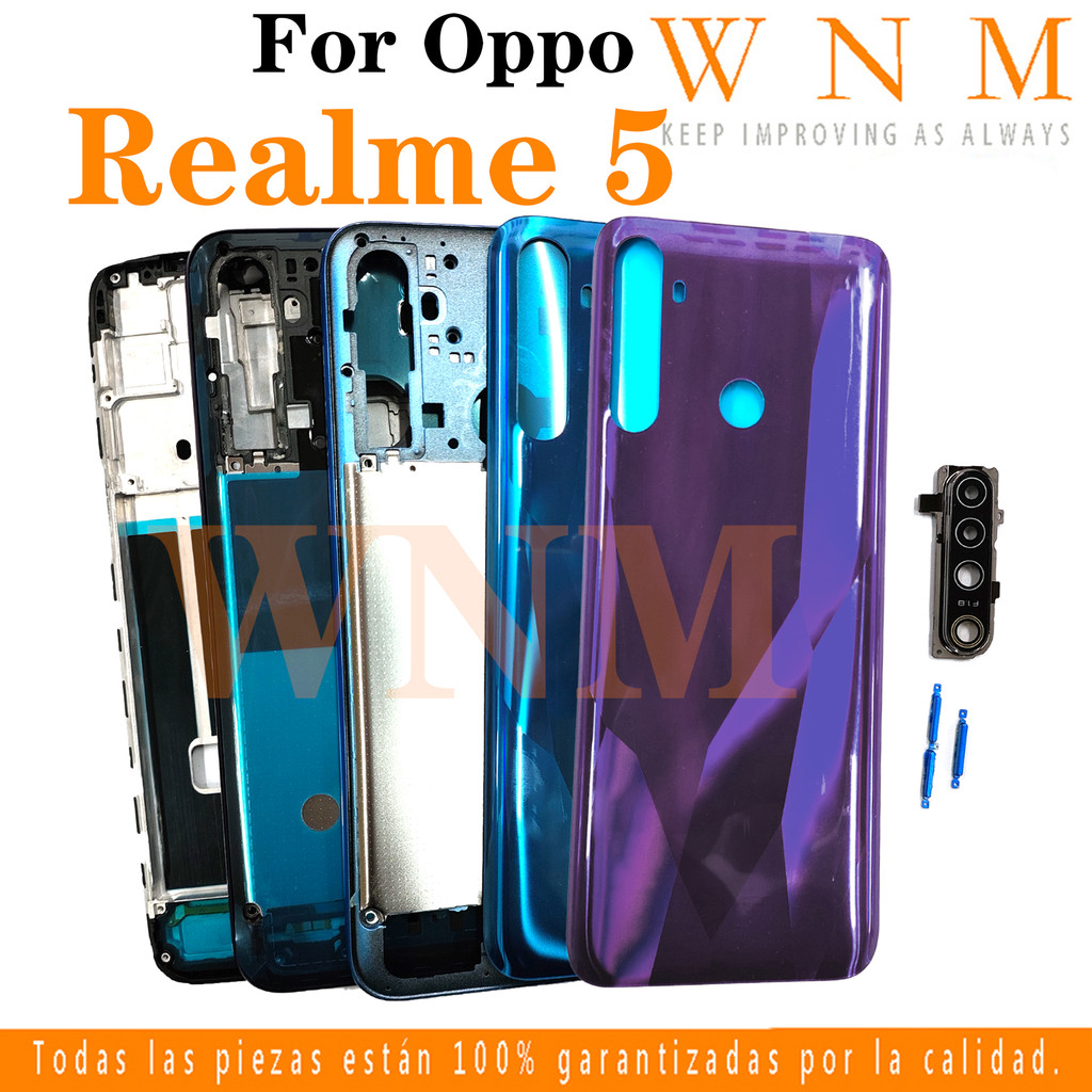 สําหรับ ต่อต้าน เรียลมี 5 RMX1911 1919 1927 จอแอลซีดี กรอบด้านหน้า Bezel ฝาหลังแบตเตอรี่ + กรอบกลาง + ชิ้นส่วนกรอบรูปกล้องด้านหลังกรณีที่อยู่อาศัยศูนย์แชสซีปก + ปุ่ม