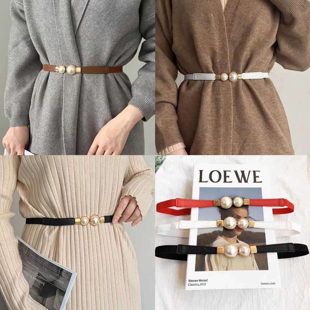 shop_mkl เข็มขัดรัดเอว แฟชั่น หนังPUยางยืด ขนาดเล็ก ยืดหยุ่นได้ ประดับไข่มุก อุปกรณ์เสริมสำหรับผู้หญิง #E819