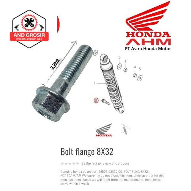 ขายส่ง BOLT FLAANGE M8  32 mm 95801-08032-00 HONDA PCX ADV VARIO REAR SHOCK BOLT. PANKBLEKR PANKANG 