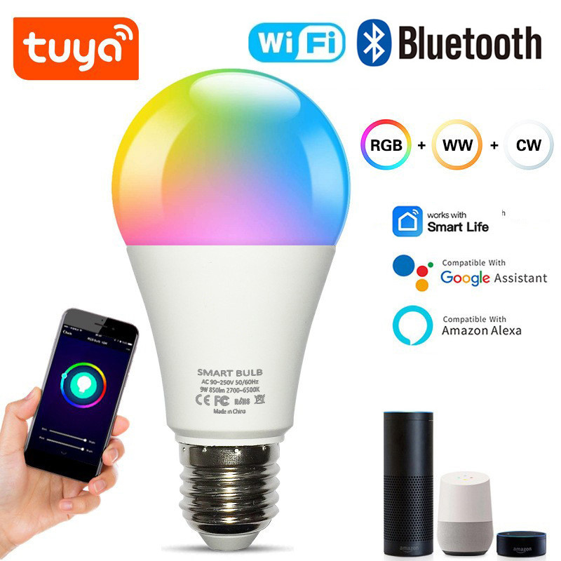 Tuya E27 หลอดไฟบลูทูธ/WIFI/Zigbee, หรี่แสงได้หลอดไฟ LED 2700-6500k RGB, Smart Life APP, เสียงพร้อม Alexa Google Home