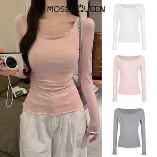 MOESSQUEEN มอสส์ ราชินี เสื้อยืดแขนยาวเปิดไหล่สีเทาบริสุทธิ์สําหรับผู้หญิงในช่วงต้นฤดูใบไม้ร่วงสาวฮอตไหล่เดียวขอบหูไม้เสื้อ จุดต่ําสุด ด้านบน #62818