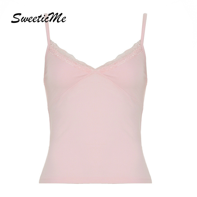 SweeticMe ผู้หญิง 2025 ใหม่แฟชั่นลูกไม้ V คอ Slim Fit Basic Causal Strap เสื้อกล้าม Camisole