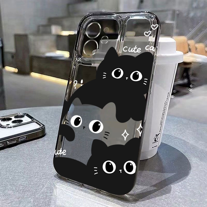 เคสโทรศัพท์ใสสําหรับiphone 13 14 15 16 11 12 Pro Max 16e 7 8 Plus SE X XS XRน่ารักลูกแมวสีดํา