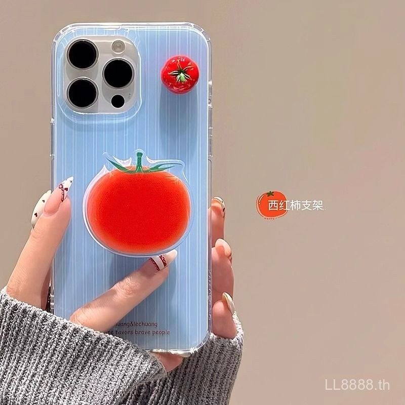 เคสโทรศัพท์สำหรับ iPhone Ins ลายทางสีน้ำเงิน 3D ขาตั้งมะเขือเทศ 16/15 Pro Max/14 ใหม่ 13/12/11 Pro Niche XS Max/XR Creative Plus กันกระแทก รูขนาดใหญ่ ครอบคลุมเต็มเคสป้องกัน LSLM