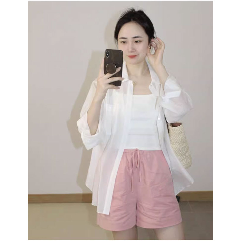 พร้อมส่ง🌼HHB2019 เสื้อเชิ้ตคอปกแขนยาวผู้หญิงสีขาวเรียบง่าย ผ้านิ่ม ใส่กันแดดชิคๆ แฟชั่นฤดูร้อน สําหร