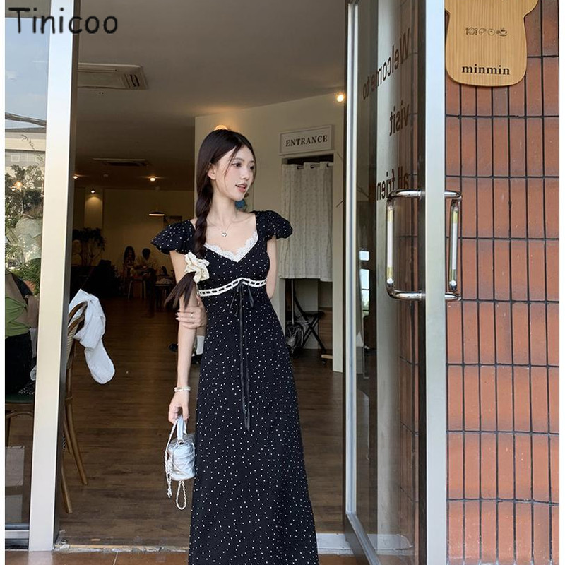 ชุดเดรสลายจุดของผู้หญิง New Patchwork Lace Waist-Controlled Slim Fit Slimming Long Dress ชุดเดรสสวยๆ