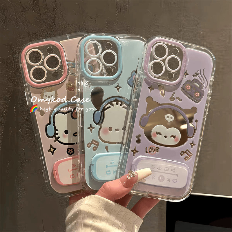 น่ารักการ์ตูน Kitty Kuromi กระจกสําหรับ Samsung A05 A05S A15 A14 A13 A12 A55 A54 A51 A35 A34 A32 A25 A24 Insกระจกเคสโทรศัพท์ + Lanyard Anti Drop Cover