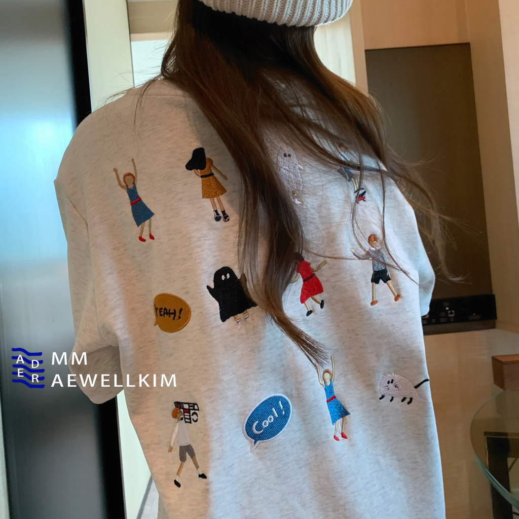 ฤดูร้อนใหม่ คอกลม ผ้าฝ้าย ปักลาย ผู้ชายตัวเล็ก หลวม แขนสั้น เสื้อยืดผู้หญิง 240412