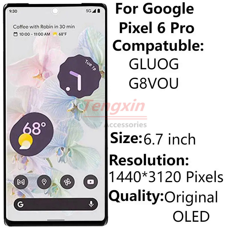 6.7 "OLED สําหรับ Google Pixel 6 Pro GLUOG G8VOU จอแสดงผล LCD กรอบหน้าจอสัมผัส Digitizer Assembly Re