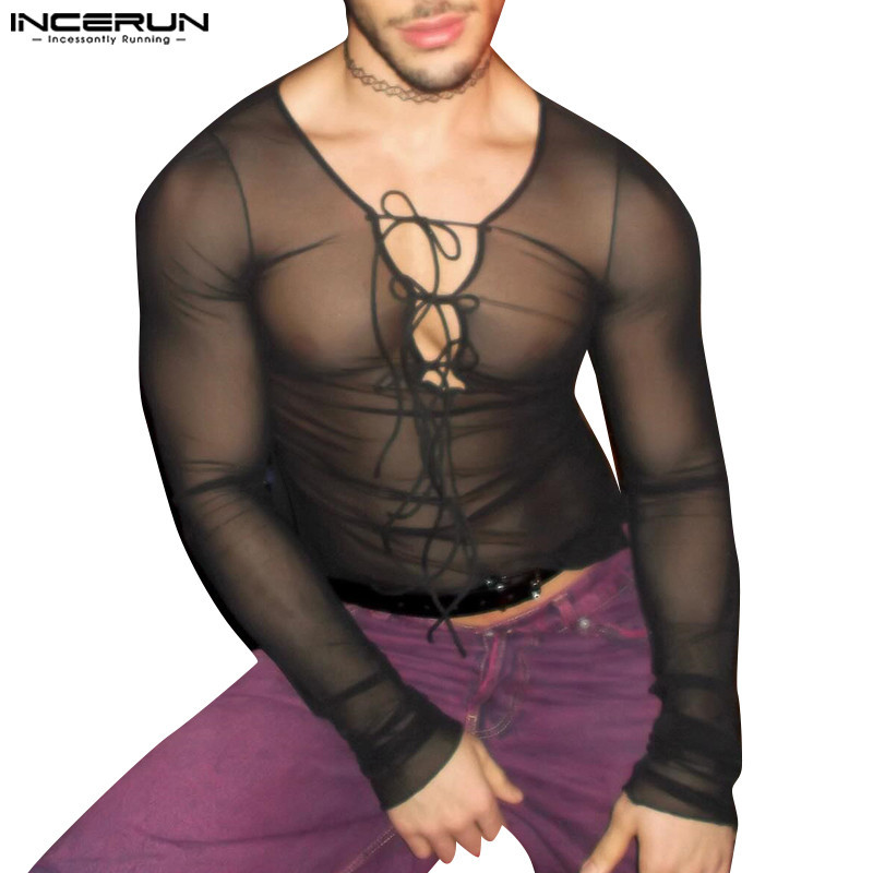 Incerun เสื้อยืด คอวี แขนยาว ผูกเชือก ซีทรู สไตล์วินเทจ ใช้ได้ทุกวัน สําหรับผู้ชาย