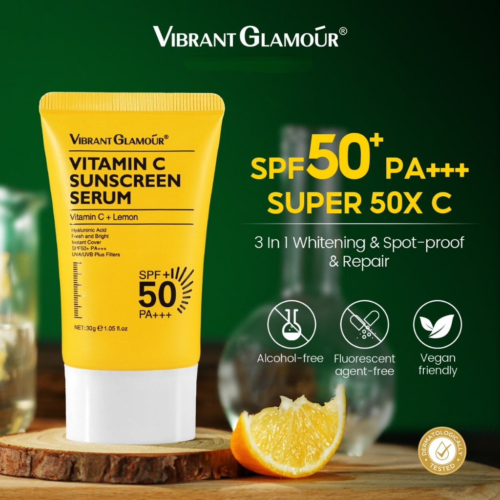 Vibrant GLAMOUR เซรั่มวิตามินซี กันแดด 30 กรัม SPF 50+ PA+++ UVA UVB 50X C 3X เซราไมด์ ซ่อมแซมผิว ให้ความชุ่มชื้น กันแดดหน้า