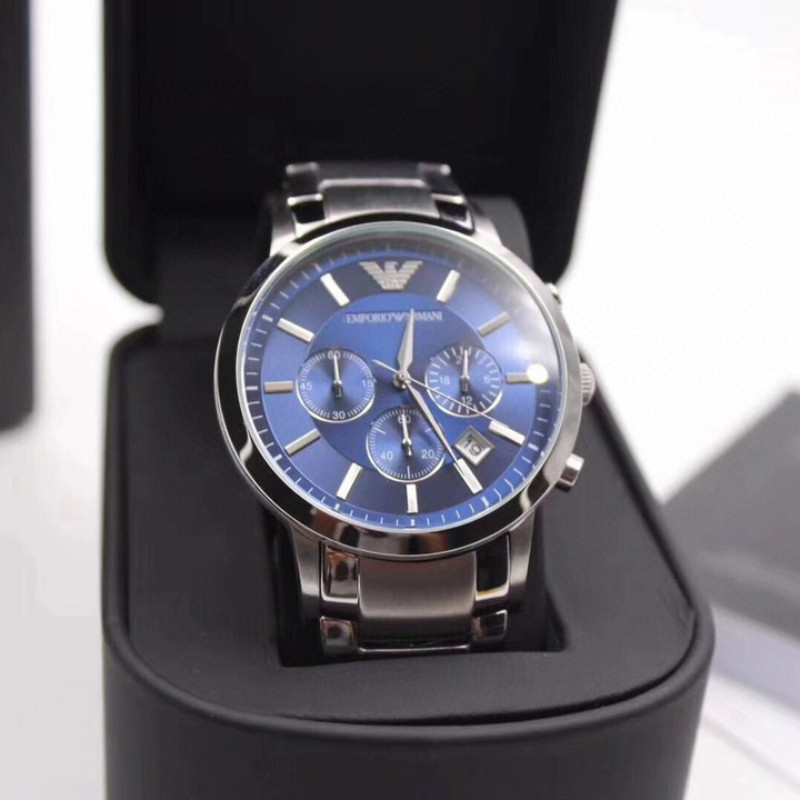 แจกกล่องนาฬิกา~Armani สายนาฬิกาข้อมือ สเตนเลส สีฟ้า หัวเข็มขัดคู่ มองไม่เห็น เวลาสามตา วันที่ สําหรับผู้ชาย