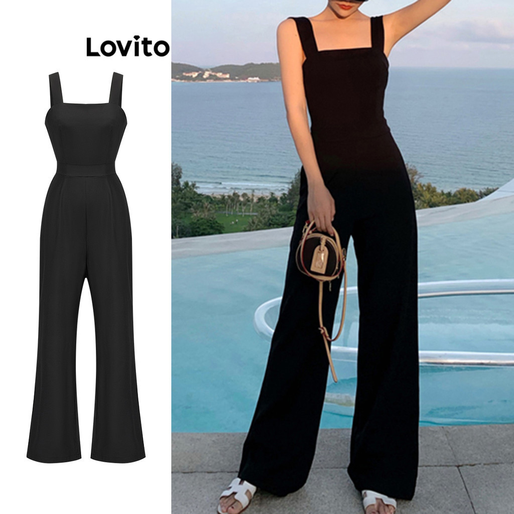 Lovito จั้มสูทผู้หญิง แต่งจีบ สีพื้น สไตล์หรูหรา L86ED232