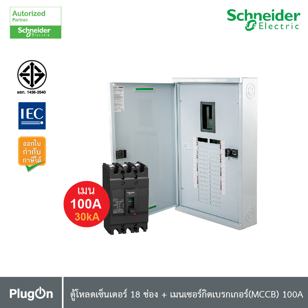 Schneider ตู้โหลดเซ็นเตอร์ 18 ช่อง + เมนเซอร์กิตเบรกเกอร์(MCCB) 100A รหัส QO3-100EZ18G/SN+EZC100H310