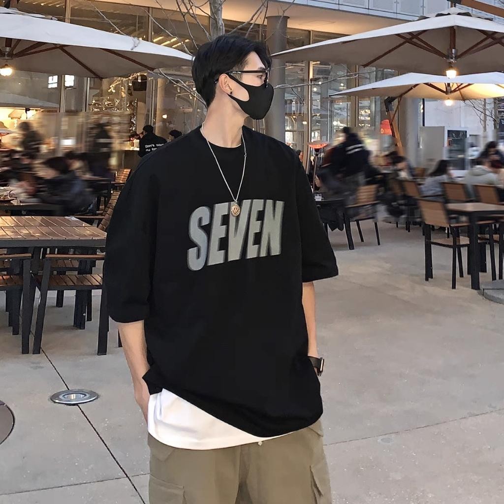 Basi เสื้อยืดเกาหลีมินิมอล พิมพ์ลายSEVEN oversize ผ้าคอตตอน100% ไม่ยืดไม่ว้วย ขาว ดำ หลวม Unisex