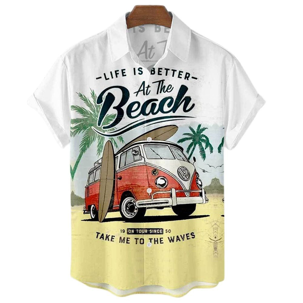 Seaside Holiday เสื ้ อแขนสั ้ นผู ้ ชายใหม ่ หล ่ อหลวมทรายชายหาดฮาวายเสื ้ อ 2023 ใหม ่ Vintage รูปแบบรถผู ้ ชายด ้ านบน
