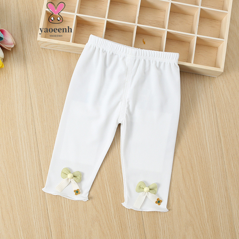 【YAOEENH】80-110 ซม.ฤดูร ้ อนสไตล ์ สาวStreamer Bowknot Cropped กางเกงกลางเด ็ กเล ็ กสีทึบAll-Matchผ ้ าไหมน ้ ําแข ็ งLeggingsพร ้ อมสต ็ อกFast