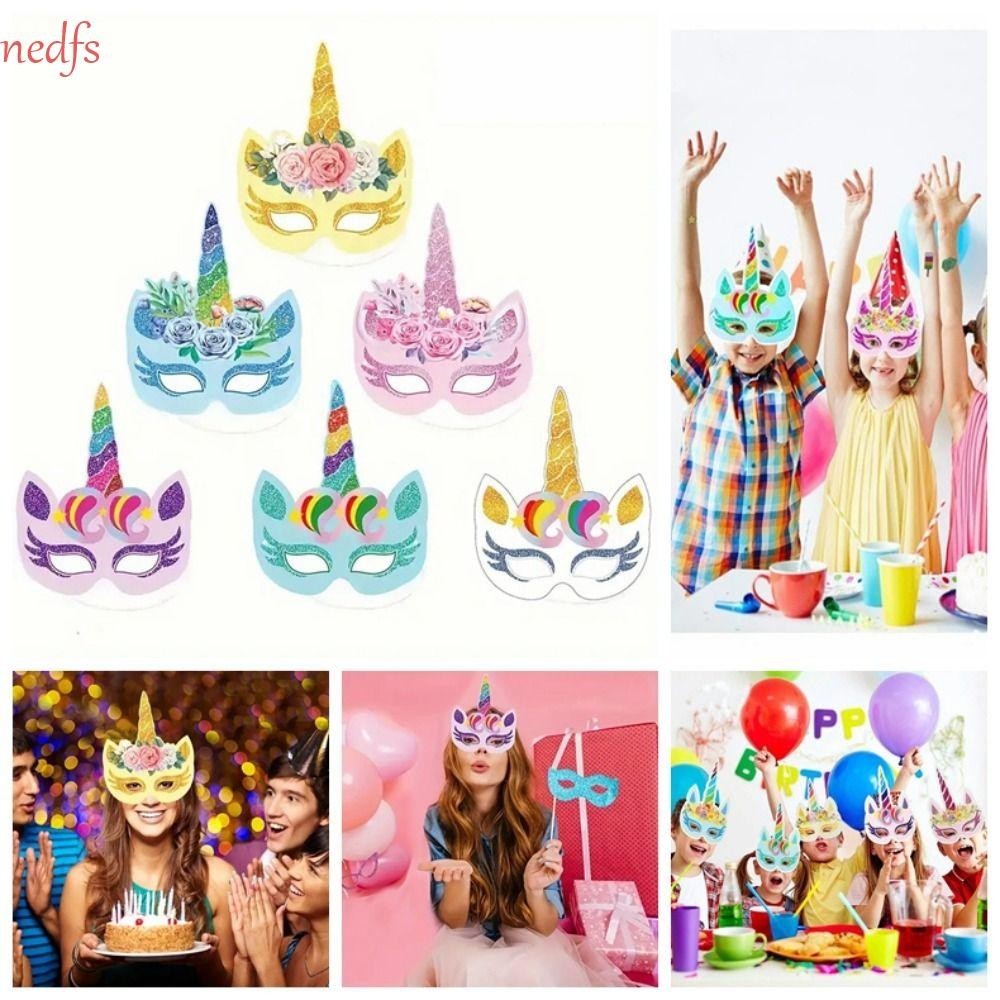 Nedfs 6 ชิ ้ นที ่ มีสีสัน Unicorn Masks, การ ์ ตูนเทศกาลเกม Eye Mask, เครื ่ องแต ่ งกายสนุกกระดาษ Rainbow Unicorn Theme Party Supplies ฮาโลวีน