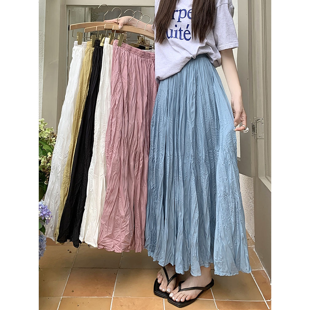 Suxi Simple Vintage แฟชั่นอเนกประสงค์เอวยางยืดจีบกระโปรง Maxi 240505