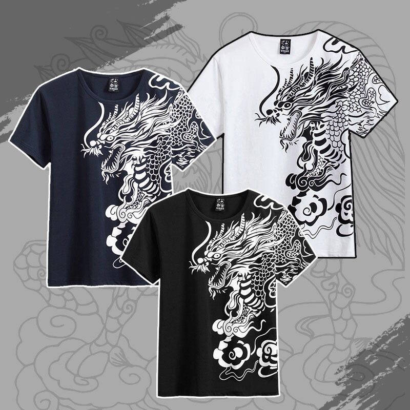 สไตล ์ จีน kylin พิมพ ์ เสื ้ อยืด Unisex 2024 แฟชั ่ นหลวมสไตล ์ เกาหลีสบายผู ้ ชายและผู ้ หญิง Street เสื ้ อผ ้ า