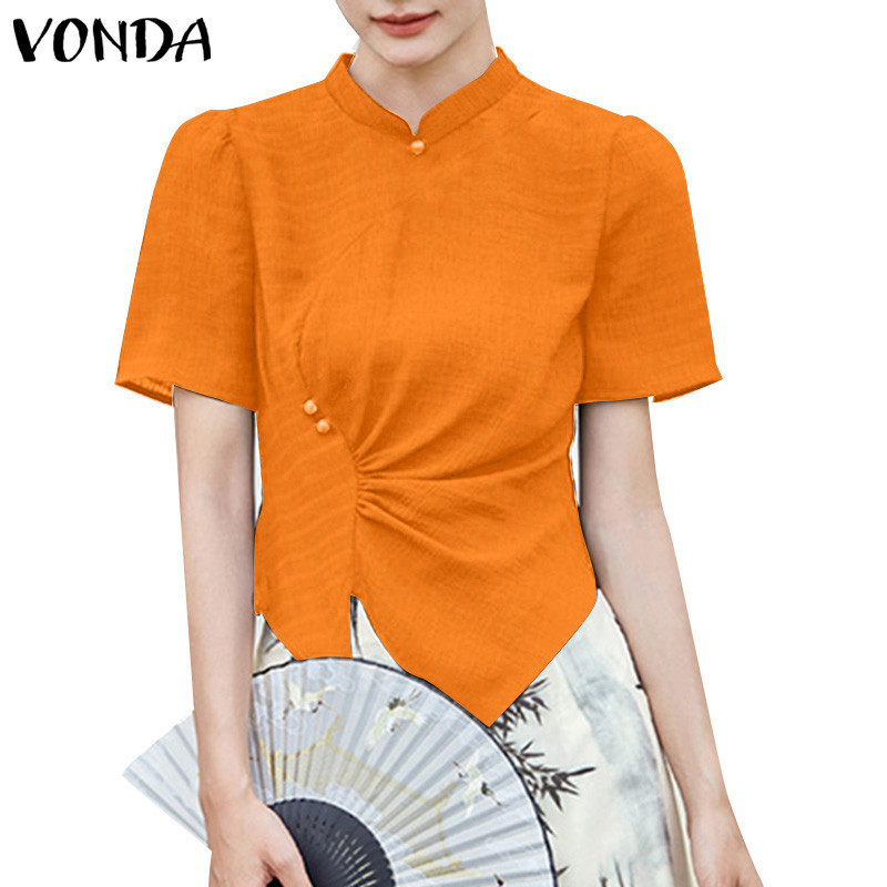 Vonda Women Korean Daily Casual Stand Collar Buttons Covered Sleeves Blouse