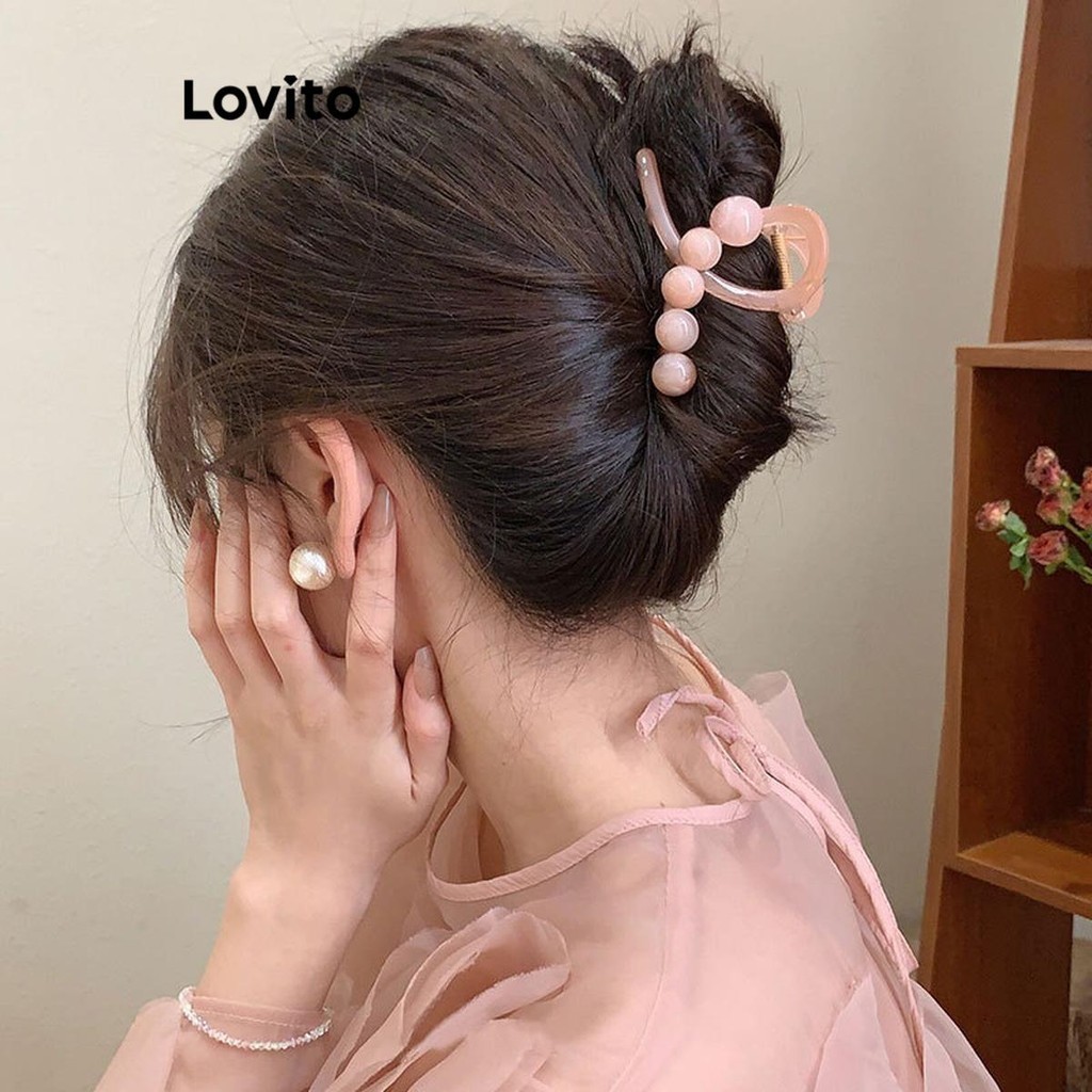 Lovito กิ๊บหนีบผมผู้หญิง แต่งลูกปัด สีเยลลี่ สีเรียบ สไตล์ลำลอง LFA30329