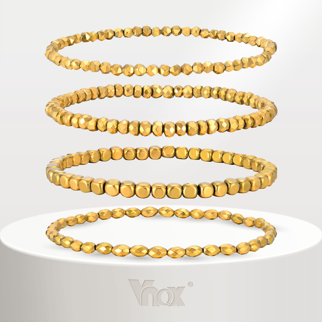 Vnox 18K Gold Plated Bead Ball สร้อยข้อมือผู้หญิงสาว,Different รูปร่างลูกปัดยืดยืดหยุ่น Hypoallergenic Bohemian Stackabl