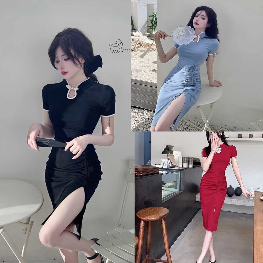 แฟชั่นสไตล์สาวจีน ผ่าข้างชุดเดรสกี่เพ้าเข้ารูป ดีไซน์เรียบหรู มีให้เลือก4สี