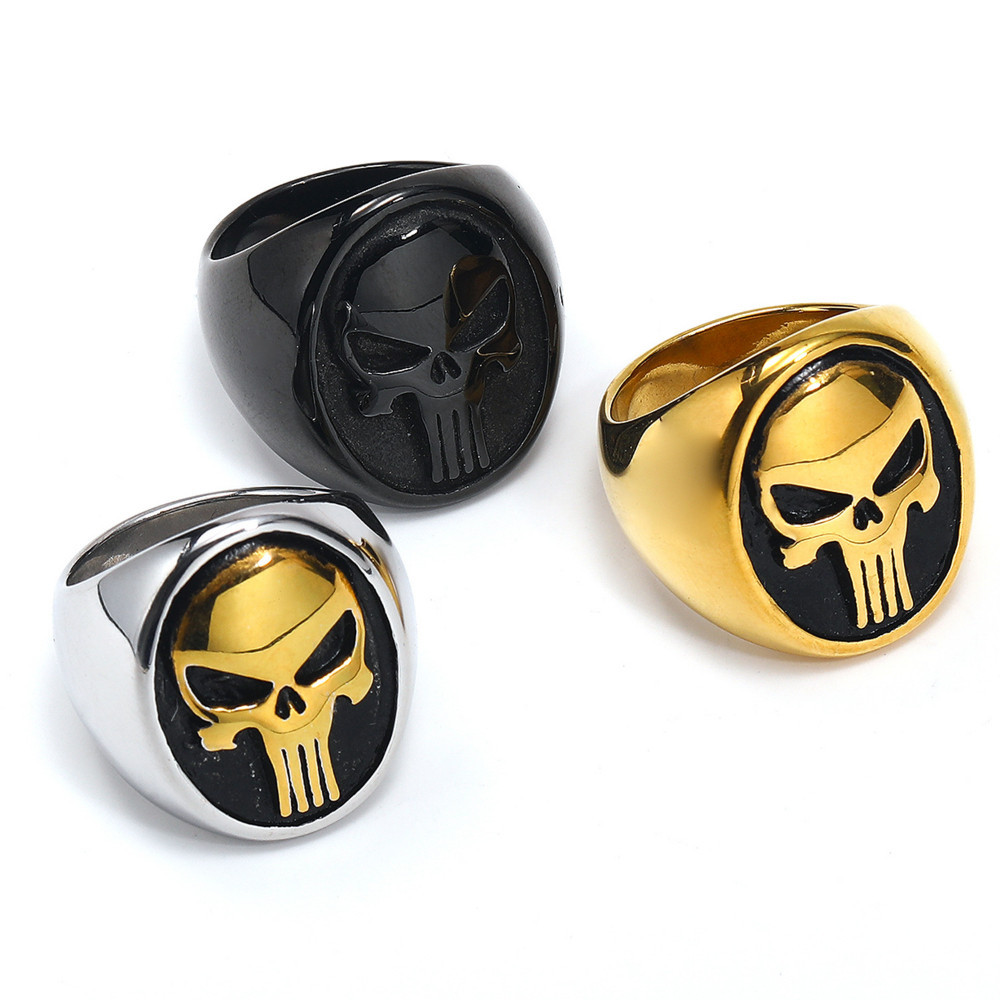 บุคลิกภาพหัวกระโหลกสแตนเลสสูญญากาศชุบทองพังก์แหวนผู้ชายขนาด 7-13