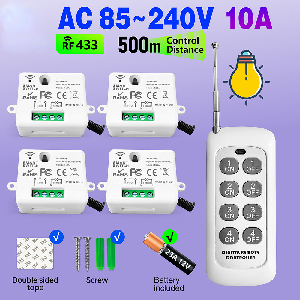 RF 433MHz รีโมทคอนโทรลไร้สายสวิตช์ไฟ 220V 110V 10A รีเลย์ตัวรับสัญญาณ Mini รอบปุ่มแผงผนังสําหรับหลอดไฟ LED