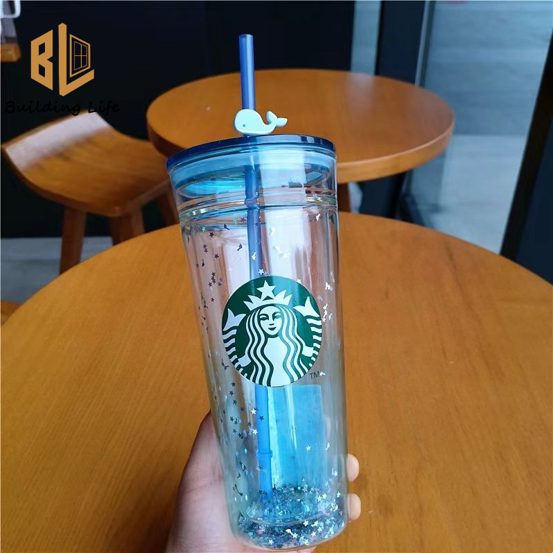 สตาร์บัคส์ถ้วยถ้วยแก้วสองชั้นพร้อมหลอดแก้วสตาร์บัคฉนวนปลาวาฬเลื่อมสีฟ้าไล่โทนสีสํานักงานสก์ท็อปถ้วยน้ําความจุขนาดใหญ่591มล