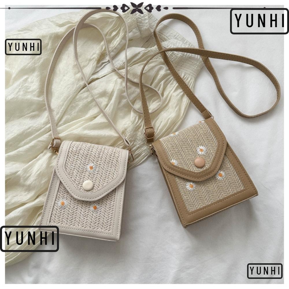Yunhi Straw Plaited Phone Bag, Little Daisy Straw Embroidery Bag, Fashion Dacron Phone Pouch