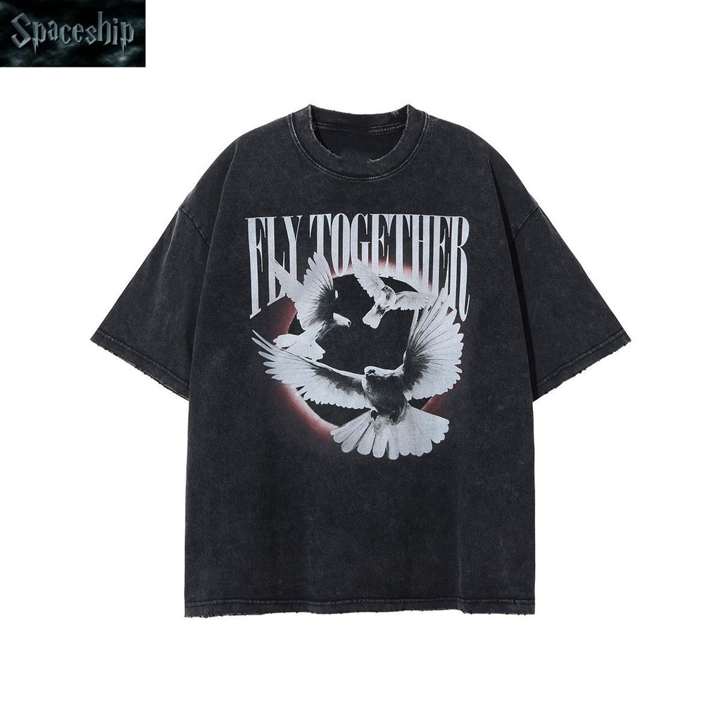 Spaceshipเสื้อยืดฟอกoversize คอกลมทรงหลวมได้ใส่สบายฯ   พิมพ์แฟชั่นCOTTON100% สําหรับผู้ชายและผู้หญิง #240245H-240247H