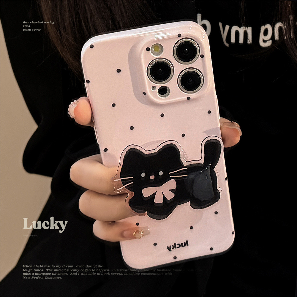 Simple สีดําลายจุดสีดําพร ้ อมขาตั ้ งแมวสีดําป ้ องกันการหล ่ นเคสโทรศัพท ์ tpu สําหรับ apple iphone 11 12 13 14 15 pro max