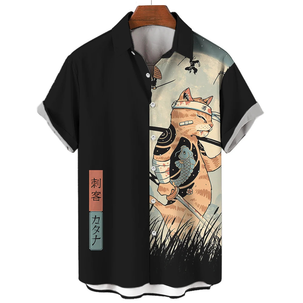 เสื้อแฟชั่นผู้ชาย Cool Samurai Cat ลายฮาวาย แขนสั้น ปุ่ม ใส่สบาย ฤดูร้อน