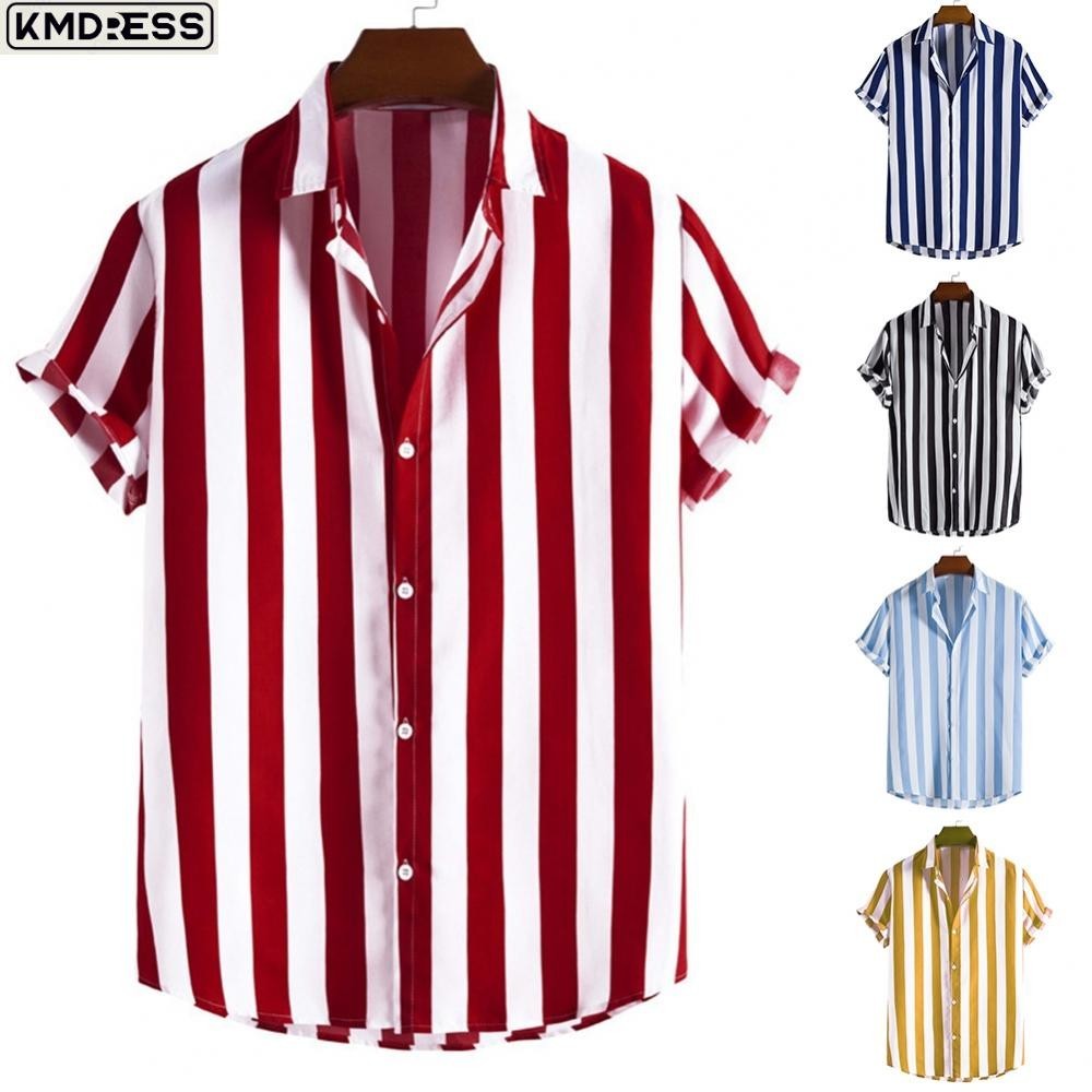 [KMDRESS]Mens Vintage Bowling Shirt Striped Short Sleeve Lapel Button Down Shirts Blouse