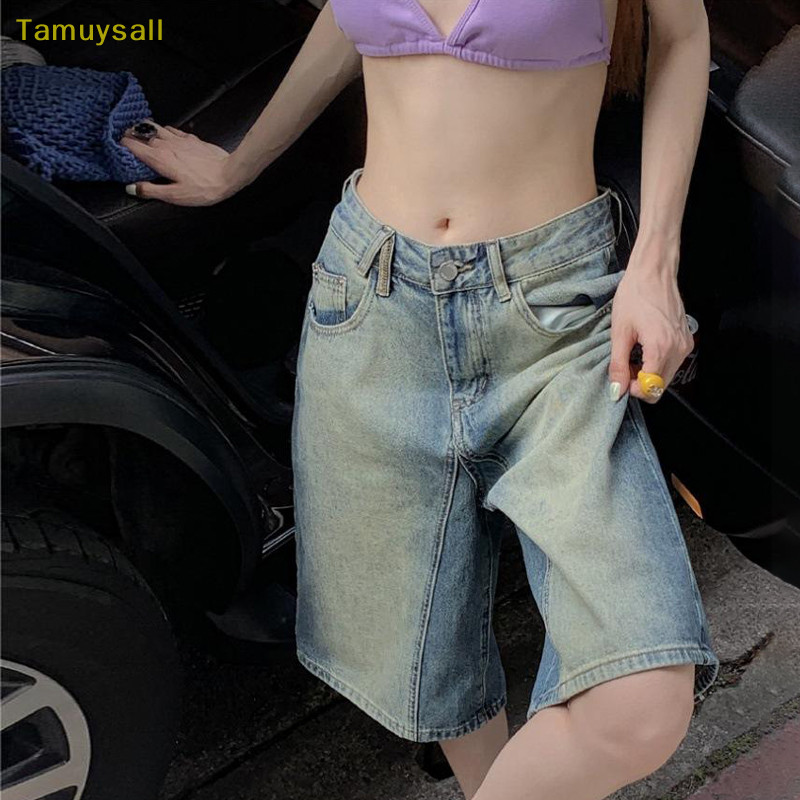 [TAMU] เกาหลีย้อนยุค Y2K Harajuku เอวสูง Streetwear สไตล์แฟชั่นกางเกงขาสั้น 2024 ฤดูร้อนผู้หญิงเซ็กซี่ Hotsweet หลวม Fit กางเกงขาสั้นผ้ายีนส์ YSA