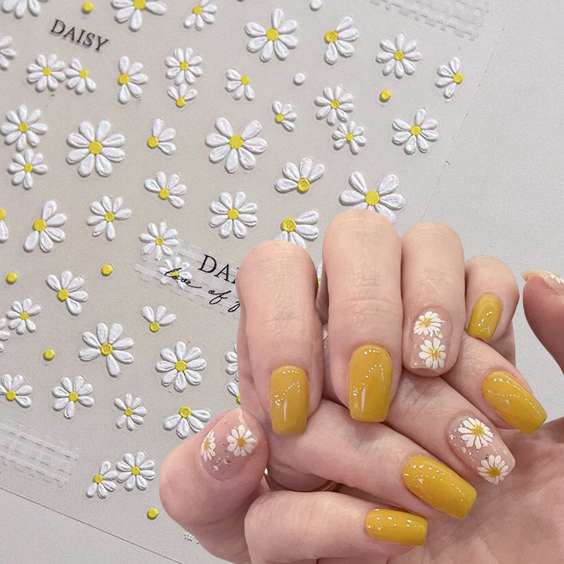Ur SUGAR สติ๊กเกอร์ติดเล็บ 3D สีขาว Daisy ดอกไม้ฤดูใบไม้ผลิ Leaf กาวออกแบบ Decals ตกแต่งเล็บตกแต่งเล็บ