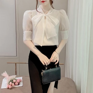 Lune_Graceเสื้อเชิ้ตแขนตุ๊กตา ดีเทลพูกโบว์ดานหน้า ผ้าชีฟองแฟชั่นแนวเกาหลี สีพึ้น สวย น่ารัก รุ่นw335