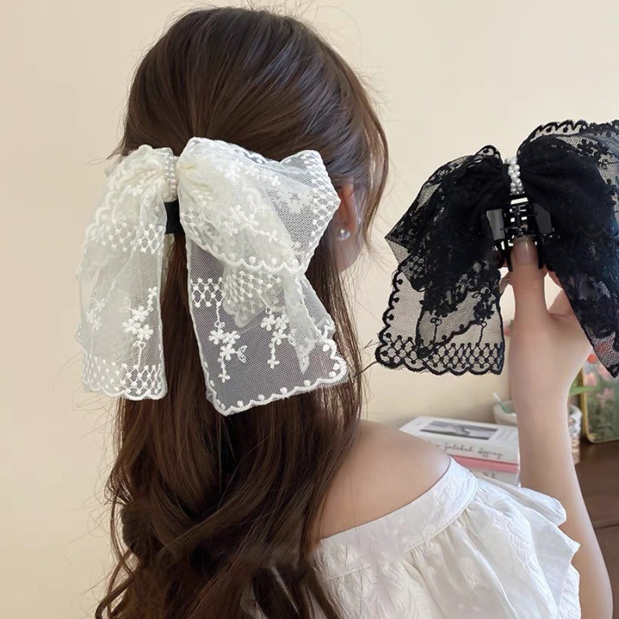 เกาหลีลูกไม ้ ขนาดใหญ ่ โบว ์ มุกผมคลิปหวานตาข ่ ายปัก Hairpin ผู ้ หญิงอุปกรณ ์ เสริมผม
