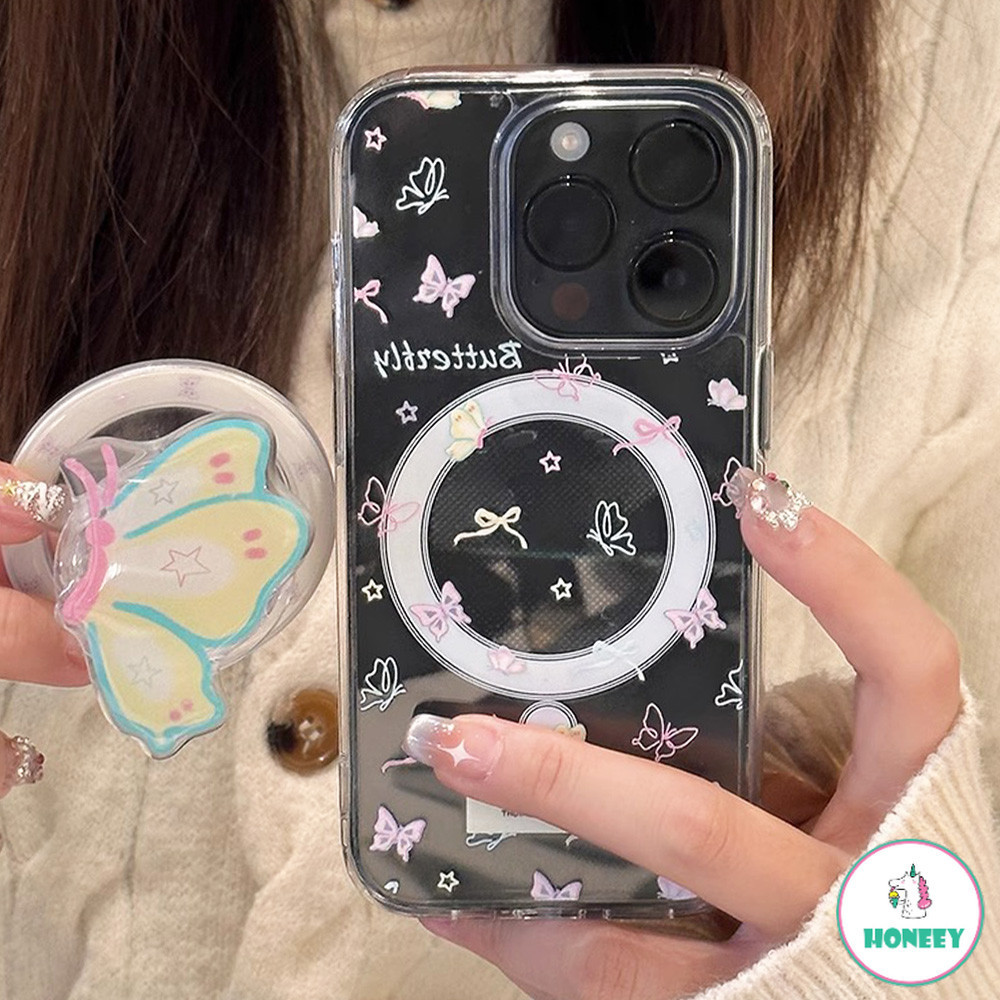 เคสโทรศัพท์มือถือ TPU แข็ง แบบใส ปิดด้านหลัง ลายผีเสื้อ พร้อมขาตั้งแม่เหล็ก สําหรับ Iphone 11 15 14 Pro Max 12 13 Promax XR XS Max 7Plus 8Plus