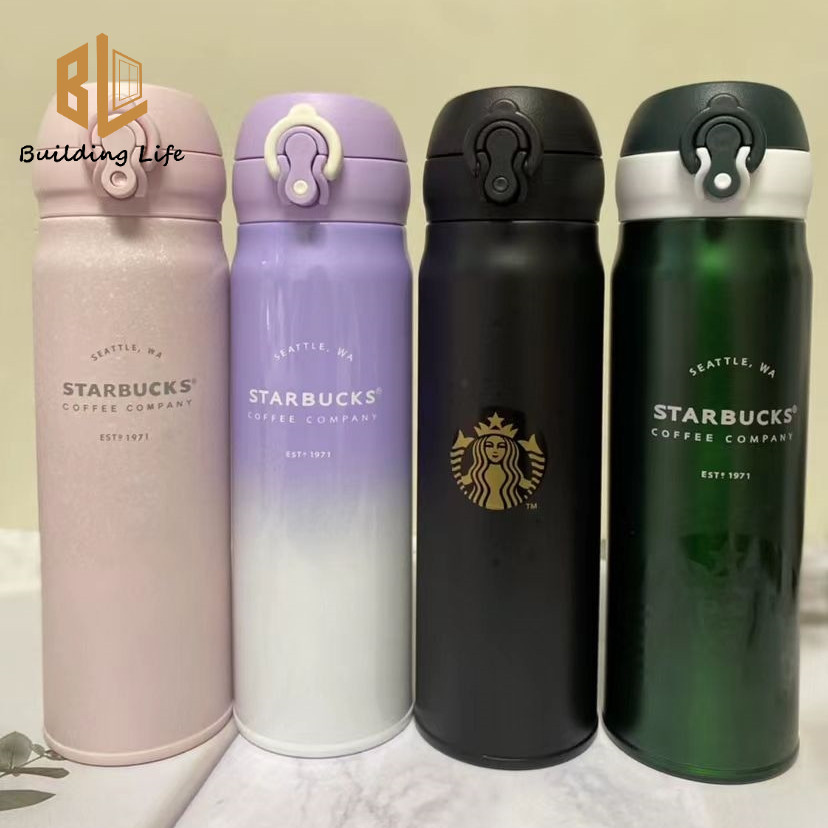 Starbucks Cup Thermos Cup 304 สแตนเลสสีเขียวเข้มสีม่วงสีชมพูถ้วยน้ําเด้งสีดําถ้วยดื่มเดสก์ท็อปสํานักงาน 500ml