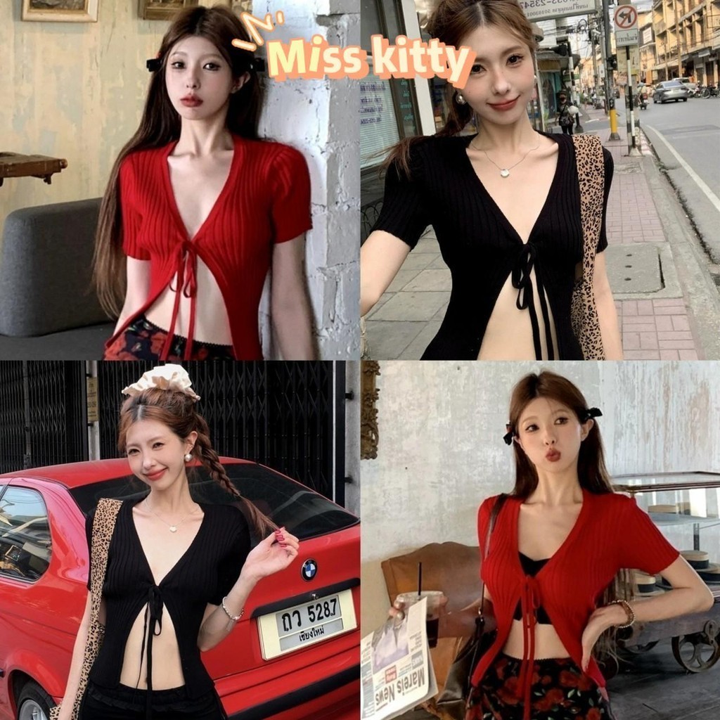 Miss Kitty จัดส่งที่รวดเร็ว "ZF65" เสื้อไหมพรม คอวี แขนสั้น ดีเทลผ้าร่องเล็ก ผูกตรงอก ใส่สบาย