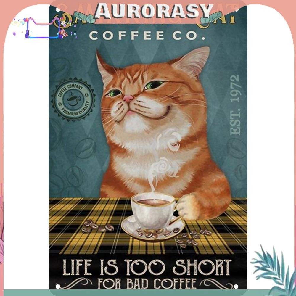 [AS ] กาแฟแมว Retro แผ ่ นโลหะดีบุกป ้ ายโปสเตอร ์ Wall Art สําหรับ Bar Club