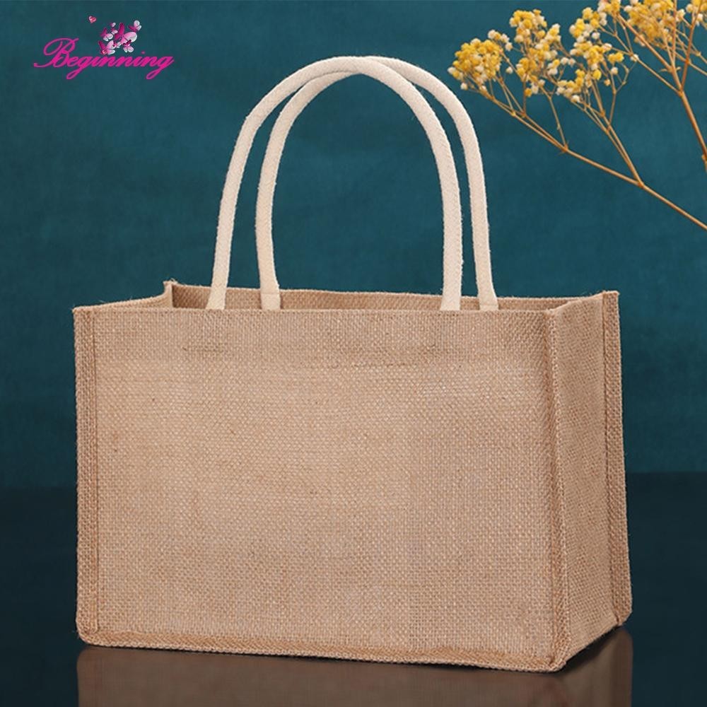 เริ่มต้น Unisex Reusable ปอกระเจา กระเป๋าช้อปปิ้งเป็นมิตรกับสิ่งแวดล้อม Burlap ร้านขายของชํากระเป๋าขนาดใหญ่ความจุช้อปปิ้งชายหาดวันหยุดปิคนิคกระเป๋าถือ Tote