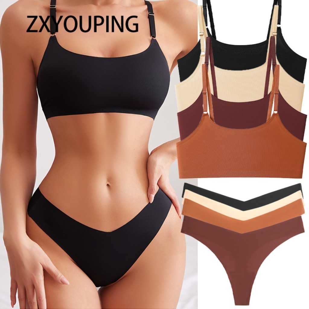 Zxyouping ผู้หญิงไม่มีรอยต่อ Bra และชุดกางเกงไม่มีลวดไร้สาย Bra เซ็กซี่ G String Thong สบายผ้าไหมน้ํ