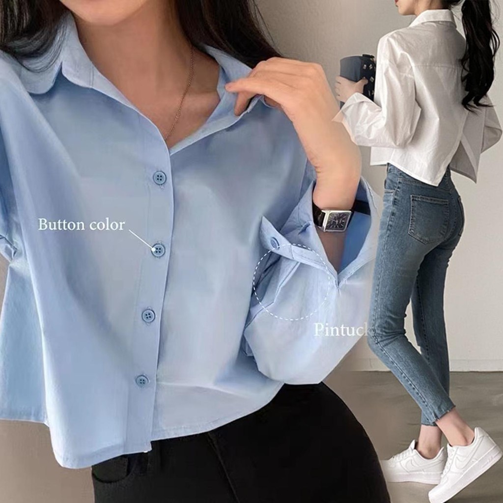 MIMI&DIDI#เสื้อเชิ้ตผู้หญิง แขนยาว เสื้อครอป แฟชั่นสไตล์เกาหลี ทรงหลวม ผ่าหลังและคอปก สำหรับผู้หญิง#W411