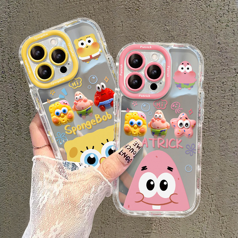 ใช้ได้กับ IPhone 15 14 13 12 11 Pro Max X XR Max 7 8 Plus SpongeBob SquarePants กระจกแต่งหน้าครีมเคสโทรศัพท์ Soft