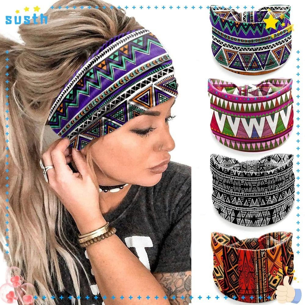 Susth ที่คาดผมกว้าง,ผ้าโพกหัวยางยืดวินเทจ,ดอกไม้พิมพ์ดาวพิมพ์ลาย Boho พิมพ์ผ้าคลุมศีรษะโยคะ