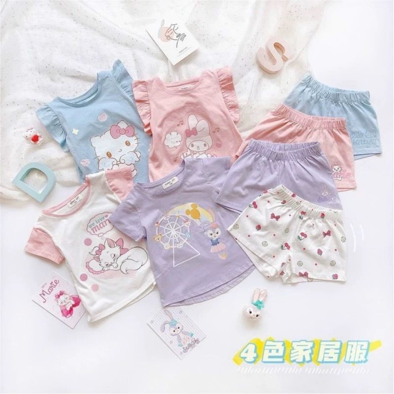 90-140 ขนาดชุดเด็กฤดูร้อนสไตล์ใหม่แฟชั่นหญิงเด็กการ์ตูน Melody Star Dailu Hello Kitty Mary Cat อินเทรนด์ ชุดเด็กผู้หญิง1ขวบ 2ขวบ 3ขวบ 4ขวบ 5ขวบ 6ขวบ